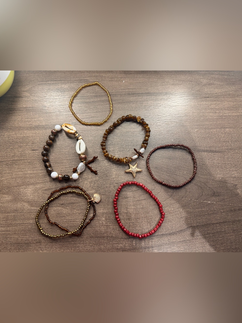 Mixed Beaded Charm Bracelet Set - Brown, Gold, Red